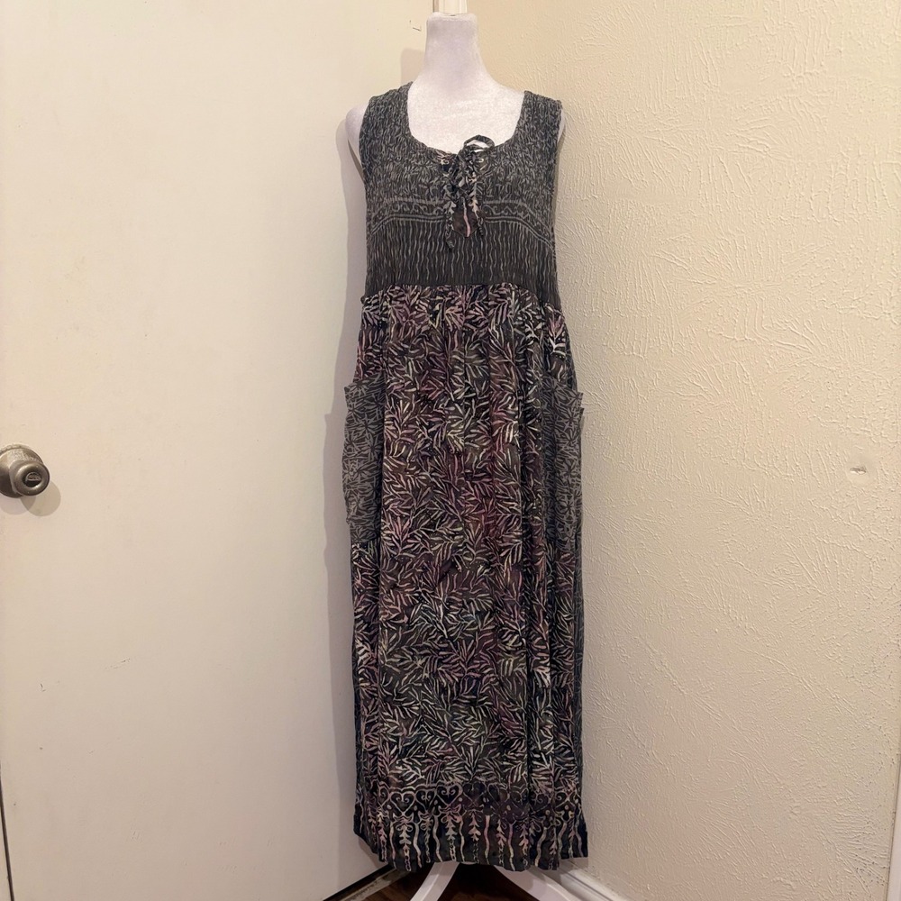 Lotus Traders Batik Smocked Maxi Dress Grey Boho Ren Faire One Size Fairycore